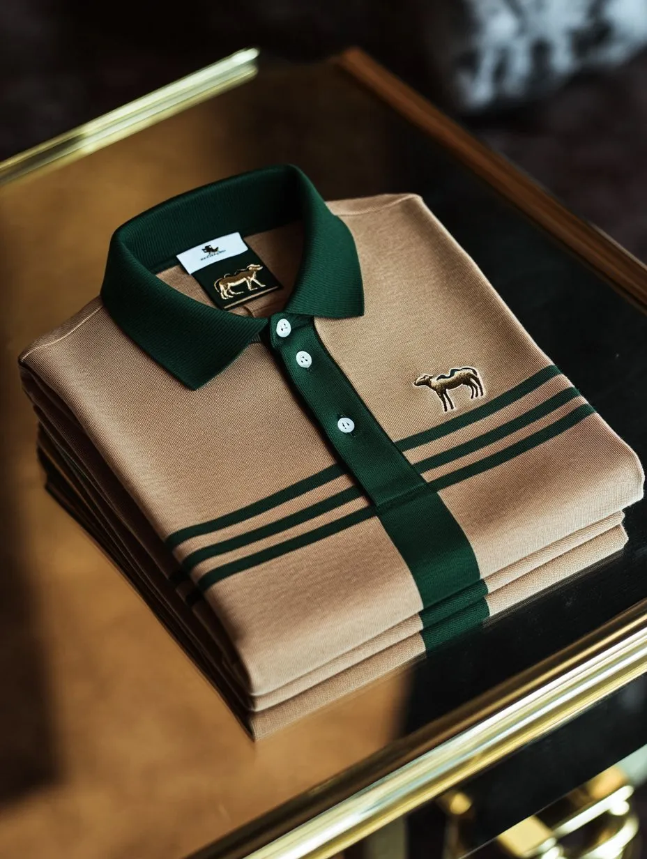 Premium Beige & Forest Green Stripe Polo T-Shirt - Luxury Cotton Designer Polo | Smart Casual Menswear | XS-6XL