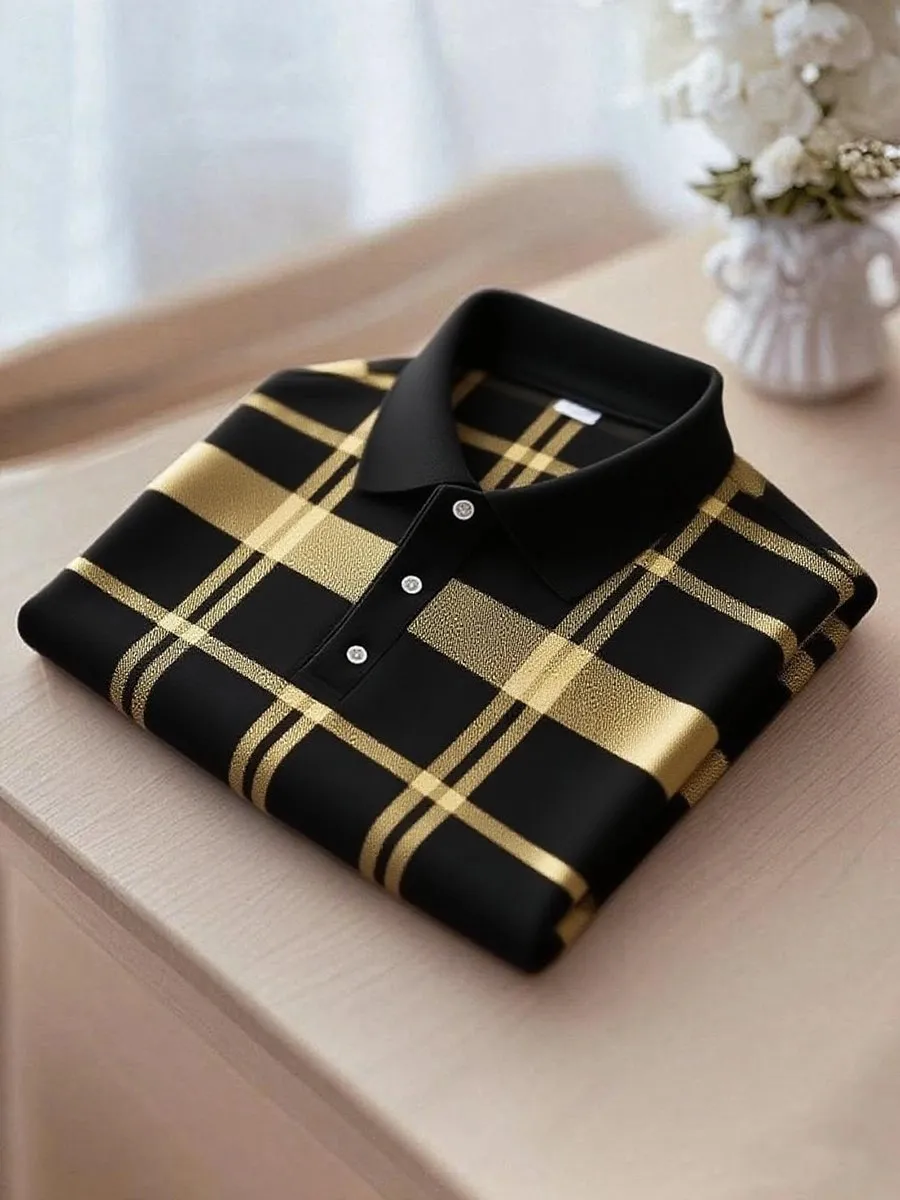 Luxury Black Gold Plaid Polo T-Shirt - Premium Designer Cotton Polo for Men | Classic Check Pattern | XS-6XL