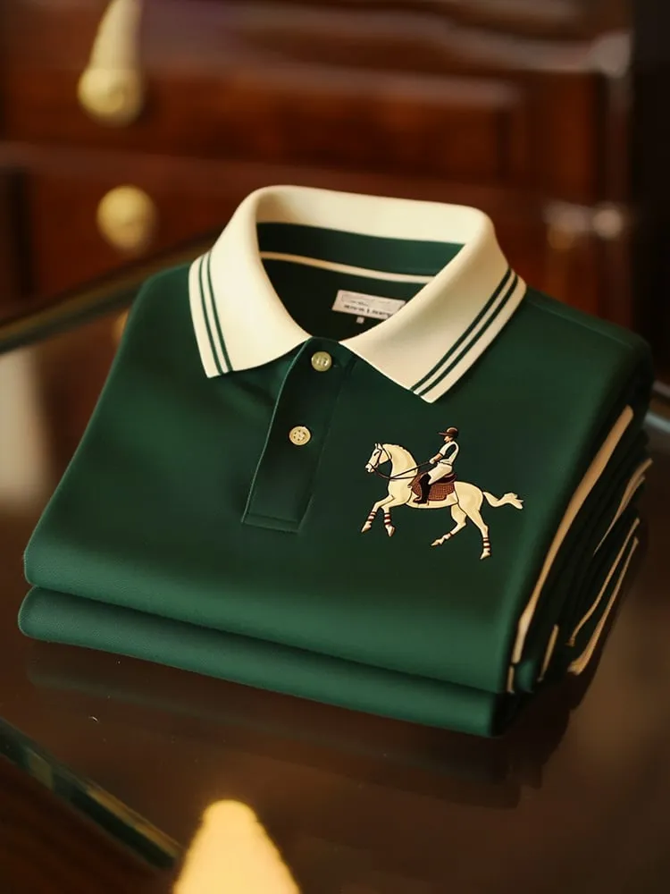 Premium Emerald Green Polo Shirt - Luxury Designer Polo with White Collar & Horse Embroidery | XS-6XL