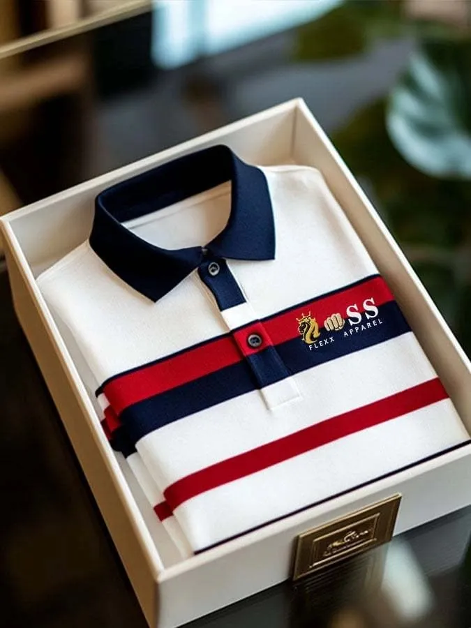 Premium Navy & Red Stripe Polo Shirt - Luxury Cotton Stretch Polo for Men | Embroidered Logo | XS-6XL