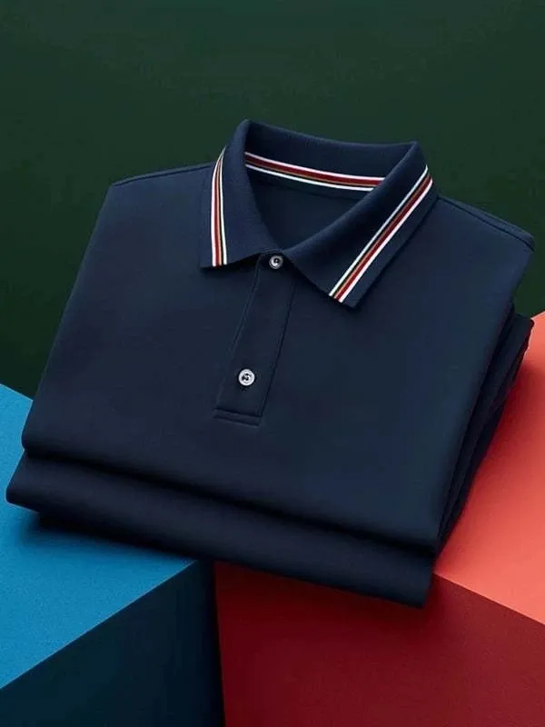 Premium Navy Signature Stripe Collar Polo Shirt - Luxury Cotton Stretch Polo for Men | Designer Trim | XS-6XL