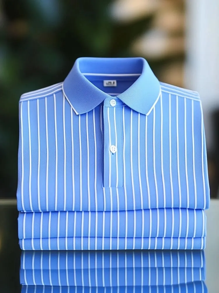Premium Blue Stripe Polo Shirt - Luxury Cotton Stretch Polo for Men | Vertical Stripe Design | XS-6XL