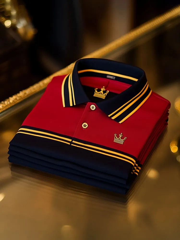 Premium Red Navy Stripe Polo Shirt - Luxury Cotton Stretch Polo for Men | Signature Collar Design | XS-6XL