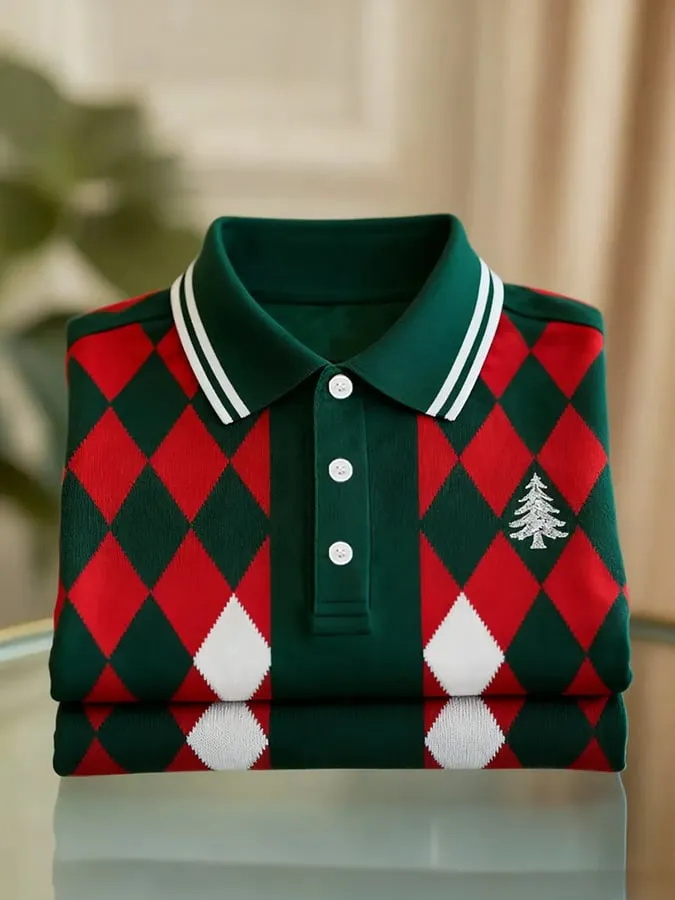 Premium Red & Forest Green Argyle Polo Shirt - Luxury Designer Cotton Polo | Smart Casual Menswear | XS-6XL