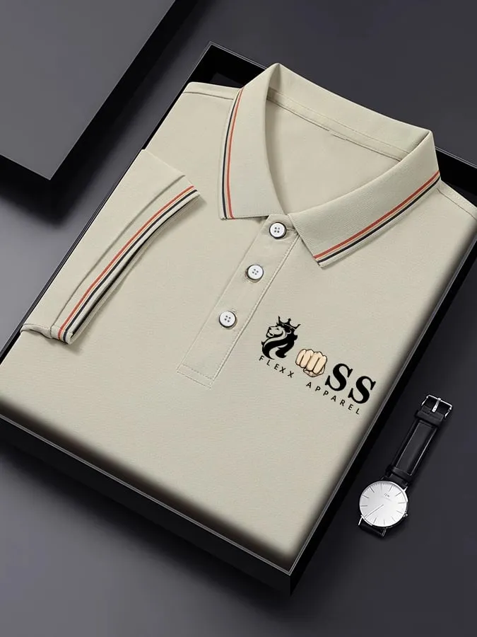 Premium Beige Signature Stripe Polo Shirt - Luxury Cotton Stretch Polo for Men | Embroidered Logo | XS-6XL
