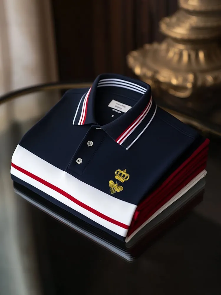 Premium Navy Stripe Polo Shirt - Luxury Cotton Designer Polo for Men | Crown Embroidery | XS-6XL
