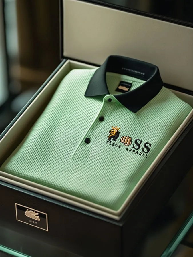 Shoulder Premium Mint Green Polo Shirt with Black Collar | Flexx Apparel Embroidered Logo | Luxury Textured Cotton Polo for Men